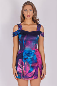 Tight satin dress with tropical print